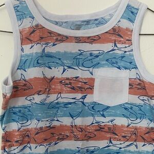 Boys Tank Top size 10-12 Place Sport red white blue stripes with sharks